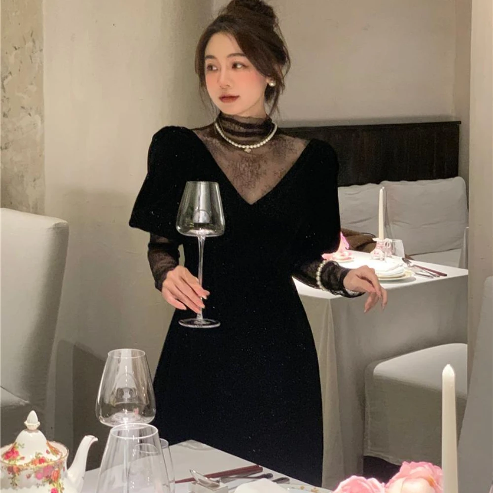 Black Temperament Lace Patchwork Dresses for Women Loose Long Sleeve Elegant Hepburn New Sweet A-line Party Streetwear Female