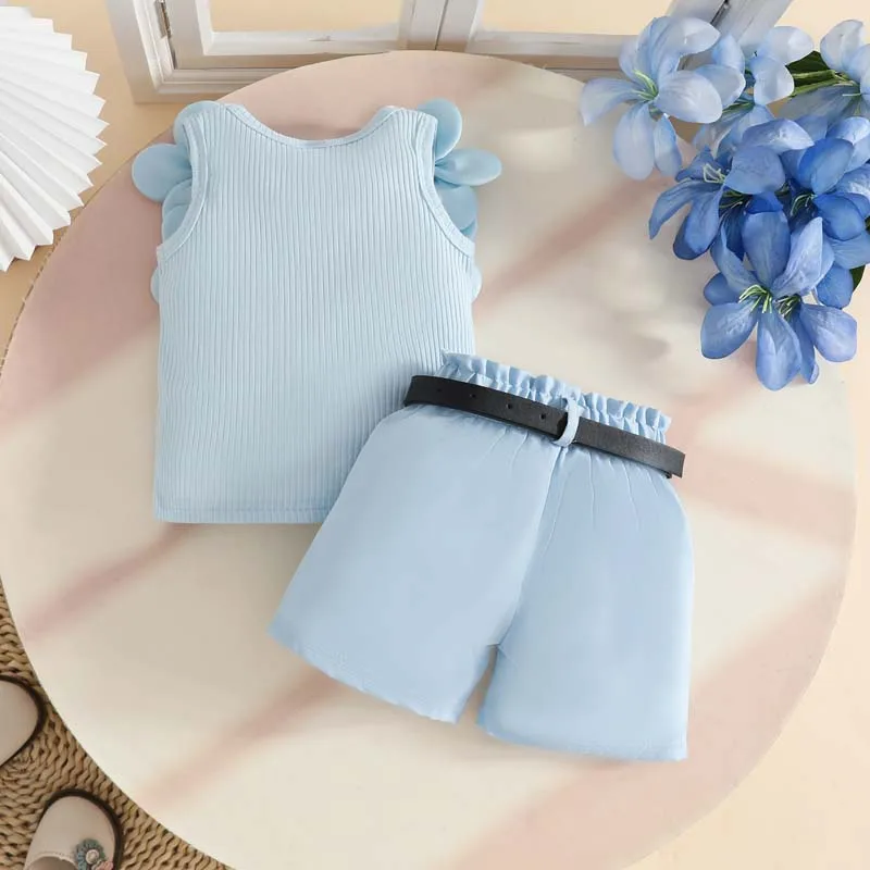 Fashion Baby Clothing 1–3 Years Girls Outfits Sleeveless Floral Pit-strip Tops and Belted and Shorts Summer Toddler Girl Sets