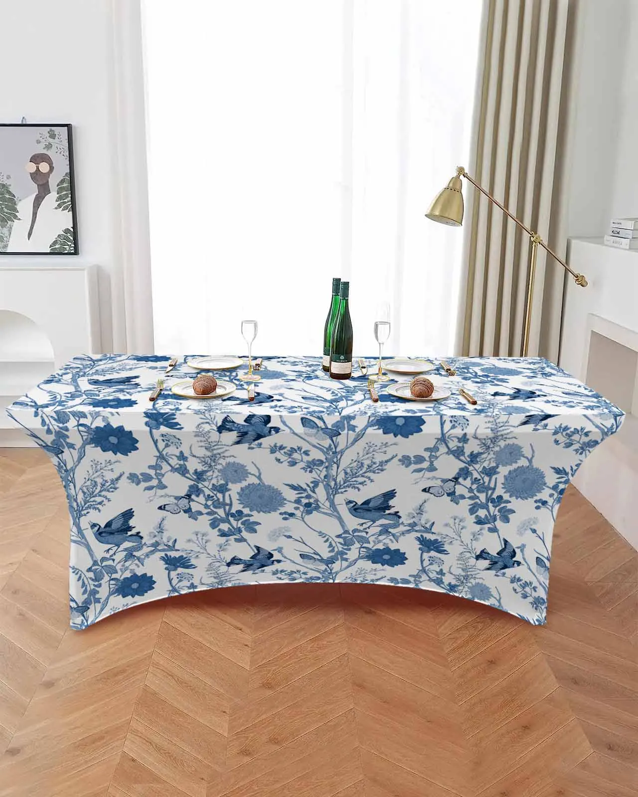 Vintage Flower Bird Blue  Elastic Table Skirt Wedding Birthday Table Decoration Table Skirt Tablecloth for Party