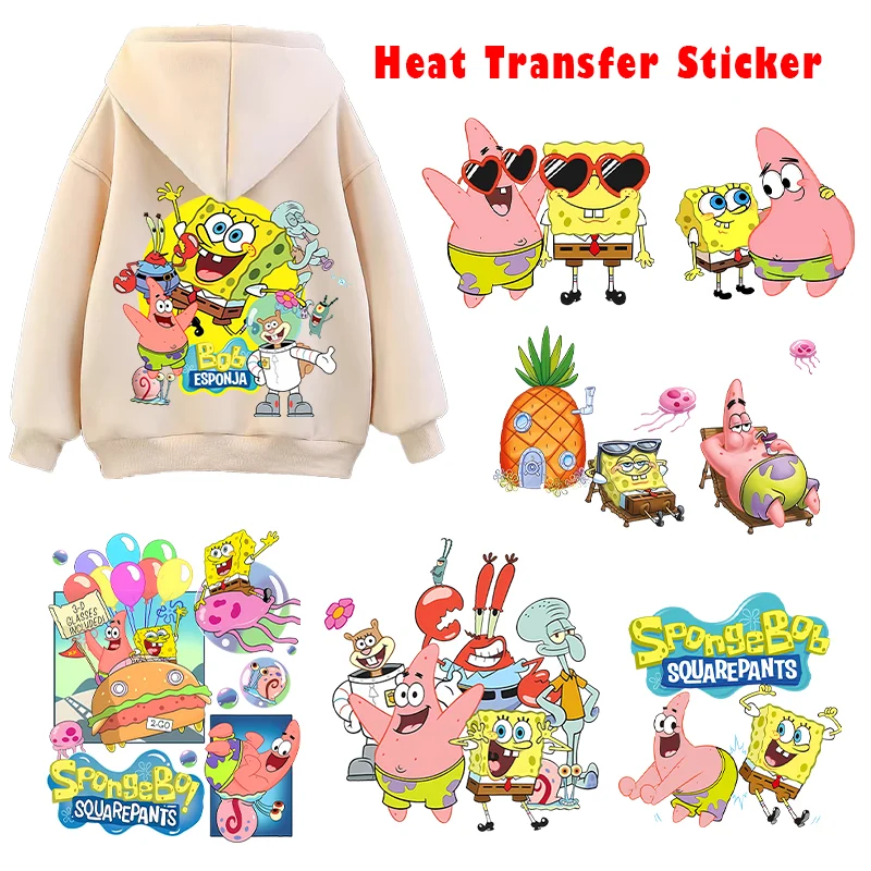 

SpongeBobs SquarePants Iron on Patches Cute Cartoon Handbag Clothing Decals Fashion Heat Transfer Stickers Kids DIY Clothes Gift