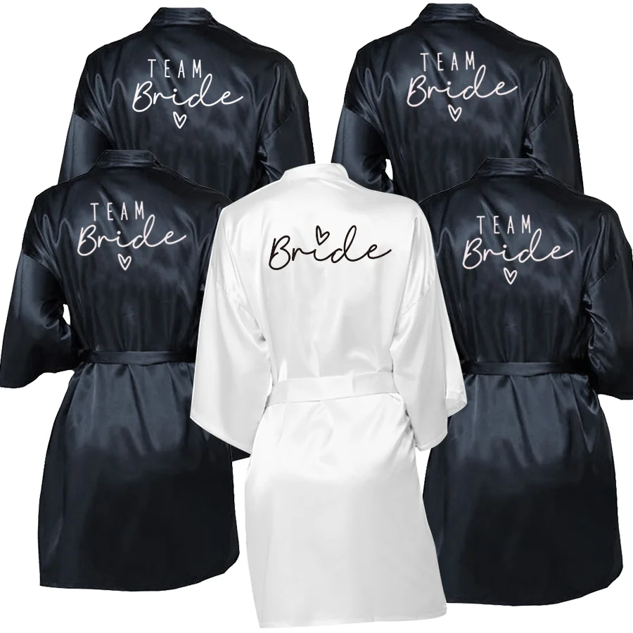 Wedding Party Team Bride Robe With Black Letters Kimono Satin Pajamas Bridesmaid Bathrobe Bridal Party Gifts Dressing Gown