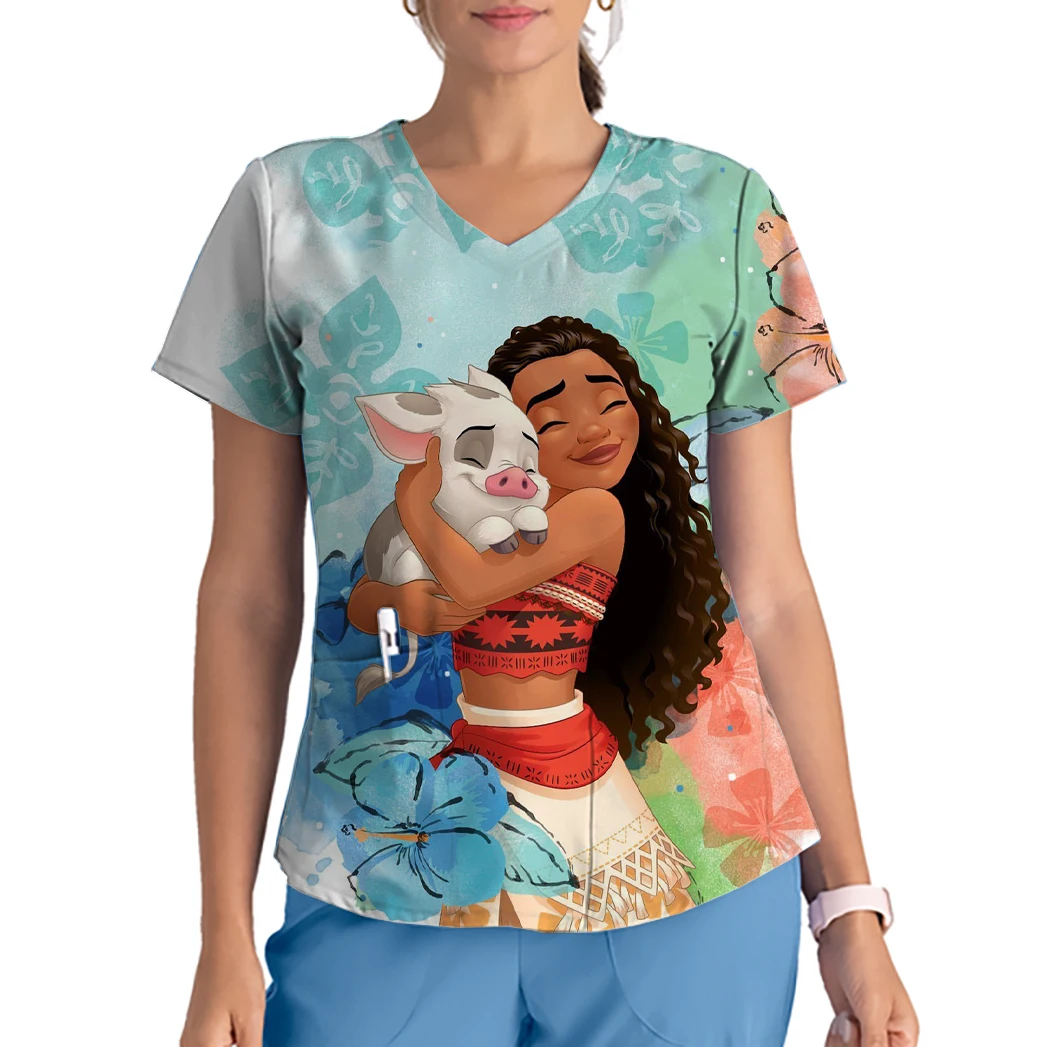 Haut à manches courtes et col en V pour femmes, uniforme de travail, chemise de princesse Disney, chemise à imprimé sirène, haut de gIslande d'allaitement, t-shirt décontracté, mode féminine