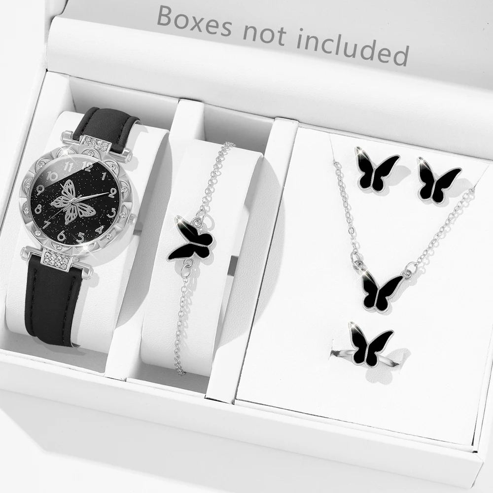 Black 6PCS Women Watch Butterfly Element Dial Quartz Wristwatch Leather Strap Watch Butterfly Jewelry Set Gift For Girls