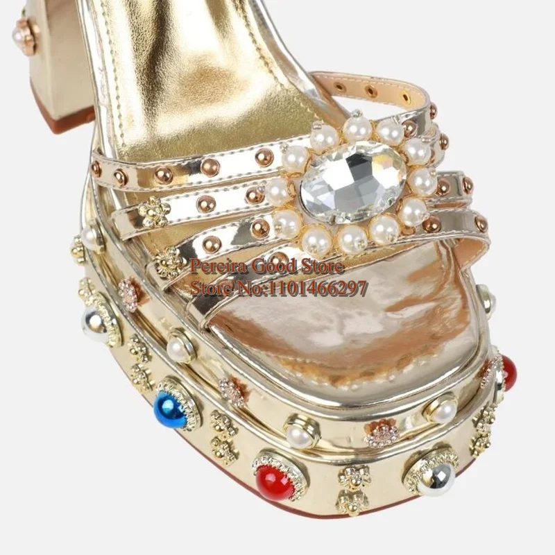 Multicolor Jewelry Chunky Heels Sandals Woman Gold Black Studded Platform Strappy Sandals Open Toe Summer Party Shoes 15CM