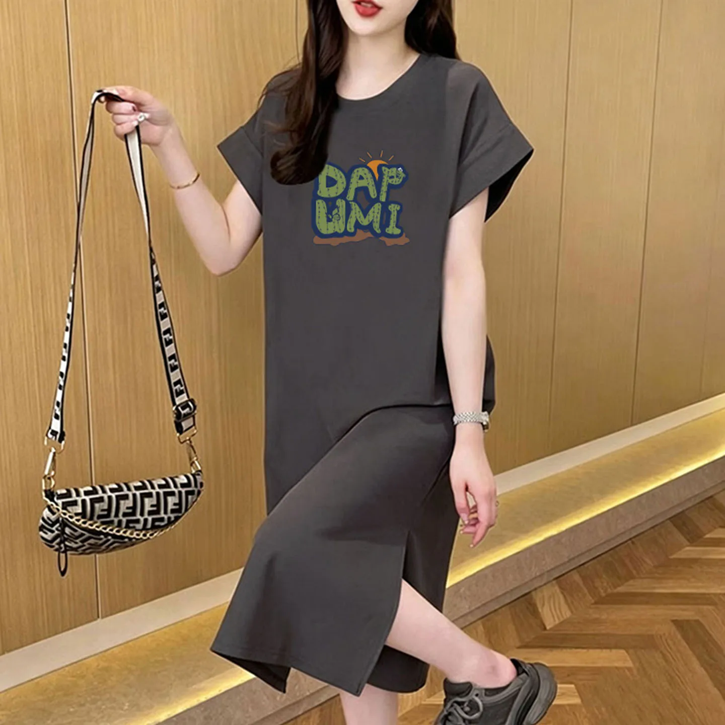 Youthful round Neck T-Shirt Dress Women's Loose Waist Cotton Long Skirt Fashion Korean Style Print Casual Summer Dress