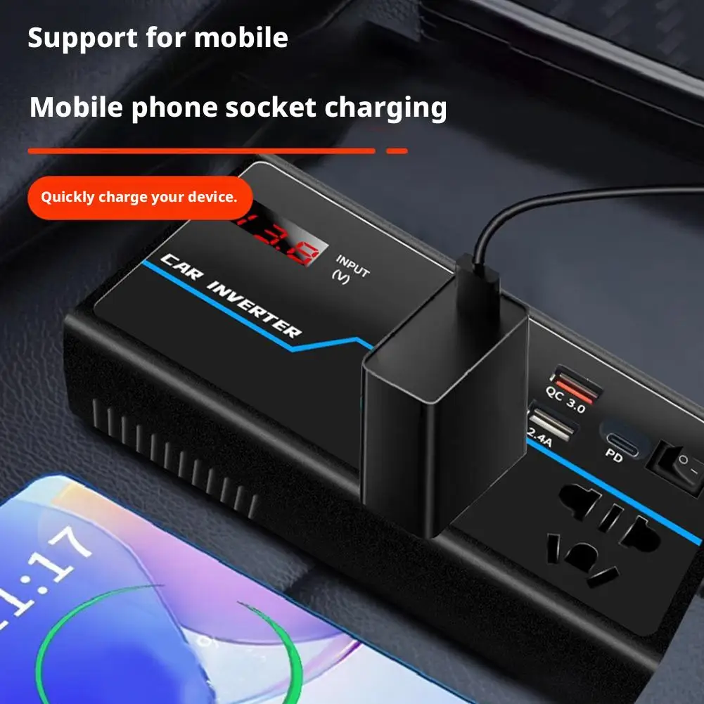 

Автомобильный инвертор мощности 12/24 В до 220 В, светодиодный дисплей напряжения, 4 розетки для аксессуаров для зарядки, USB автомобильный быстрый электрический порт PD/QC3.0 Mul X3B3
