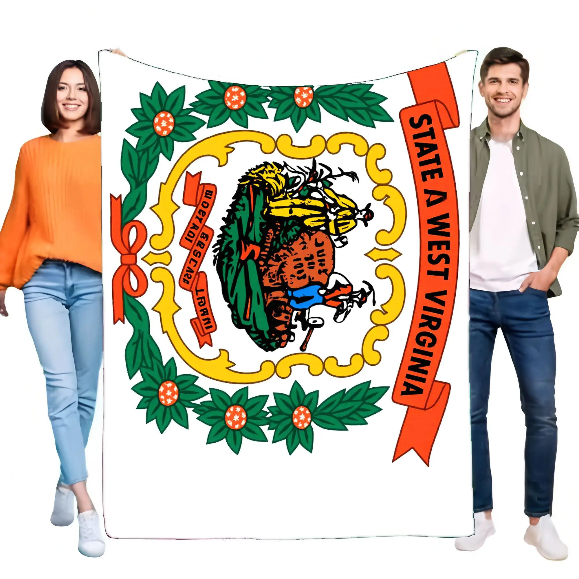 Banner de la bandera del estado de West Virginia con emblema, presenta diseño de minero y granjero, hojas decorativas de Laurel verde y bayas rojas, Perfe