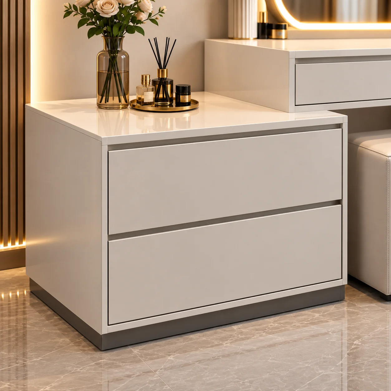 ju-Modern White Makeup Vanity Desk with LED Lighted Mirror Drawers Storage Custom Dressing Table for Bedroom