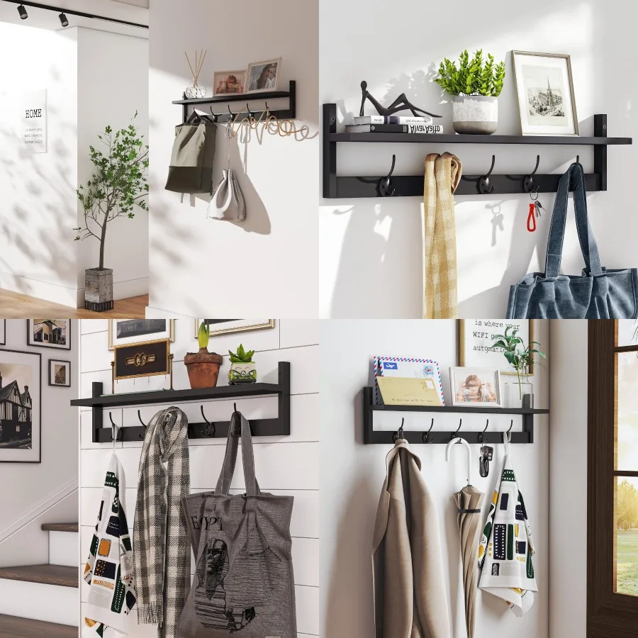 

Настенная полка с крючками 28,9-дюймовая подвесная полка для прихожей с 5 двойными крючками для хранения в ванной комнате, гостиной, спальне Soluti