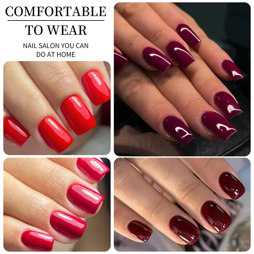 96 pz. Unghie Finte Quadrate Corte Rosse Solide in Gel Lucido, Copertura Completa Viola-Rossa, Punte per Unghie Corte Press-On, Accessori per Estensione Unghie Rosse
