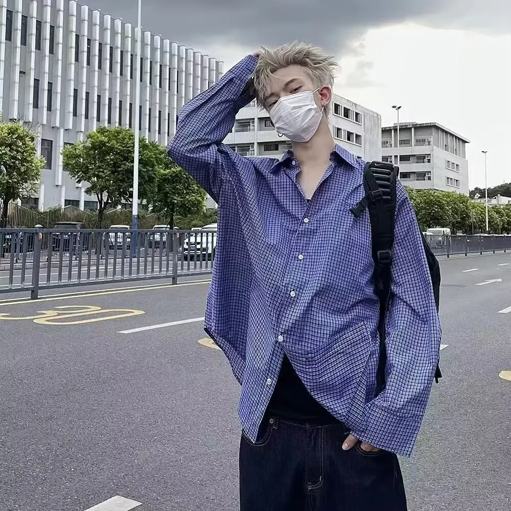 

Fall Fashion Blue Long Sleeve Cotton Shirt Men Women Unisex Classic Button Down Top Autumn Casual Wear Loose Tunic Style Comfy
