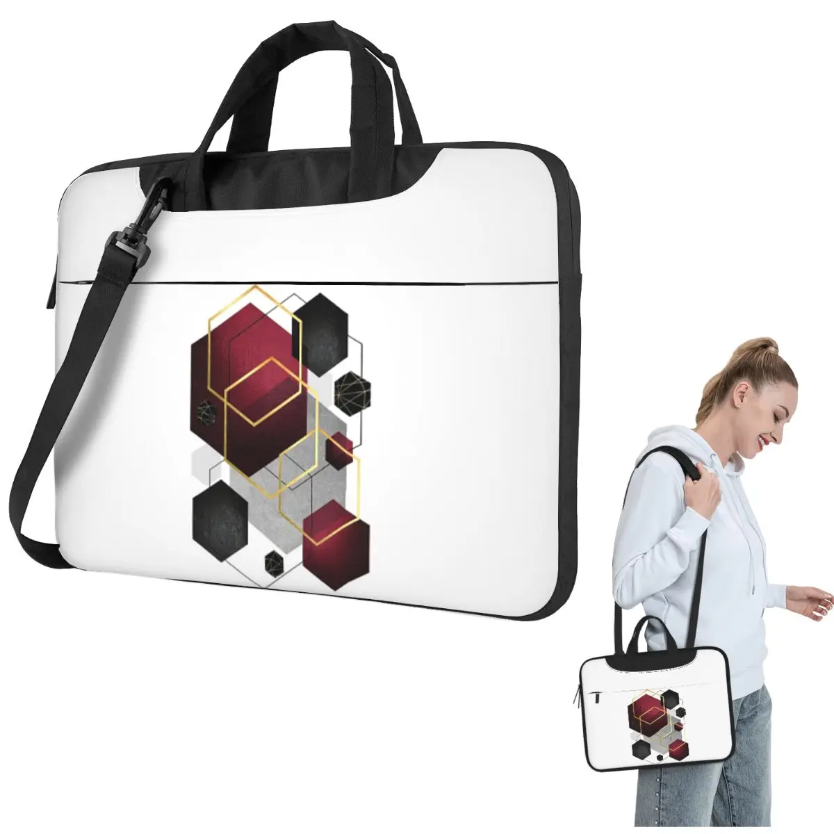 

Geometric Hexagons In Red And Black Crossbody Laptop Bag Case Computer Bag 13 14 15.6 Inch Notebook Pouch for Macbook Pro