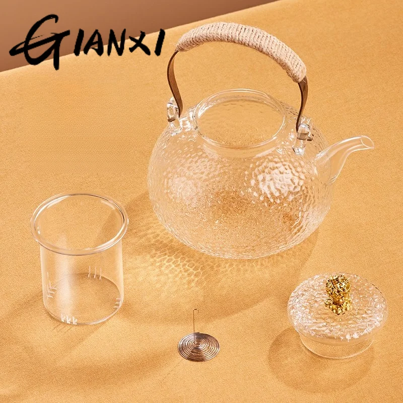 GIANXI Glass Teapot Set Chinese Home Large Capacity Receive Guests Kung Fu Teapot Set Hammer Design Woven Hemp Rope Beam Tea Pot