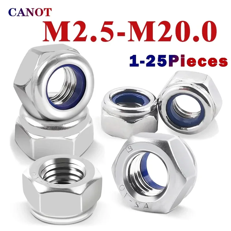 1-25pcs 304 Stainless Steel Hex Nylon Lock Nuts M2 M2.5 M3 M4 M5 M6 M8 M10 M12 M14 Hexagon Hex Self-locking Nylock Nut Locknuts.