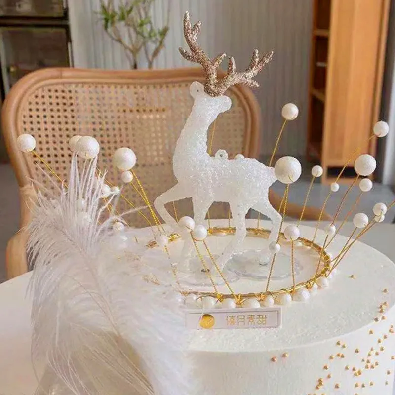 Christmas Deer Ornament Figurines Room Desktop Office Decor Transparent Elk Reindeer Sculpture Cake X-mas Birthday Decoration