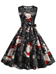 Elegant Vintage Women Christmas Dress Print Lace Patchwork Sleeveless O Neck High Waist Casual Party Costume Sundress