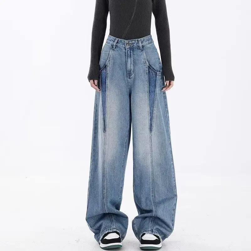 Womens Jeans Y2k Jeans American Style HighEnd Patchwork Design Loose Fit Street Wide Leg Draping Versatile Straight Trousers