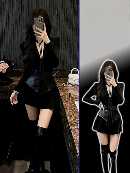 

Комплект больших размеров: модный топ с высокой талией и поясом, утягивающий фигуру, и юбка. Новинка весны: универсальный комплект с длинными рукавами и V-образным вырезом для тепла.