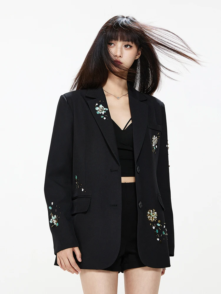 Blazer con perline con paillettes da donna di lusso Nero Primavera Autunno Giacca monopetto allentata di alta qualità 2026 Nuovo INKEO 5O117