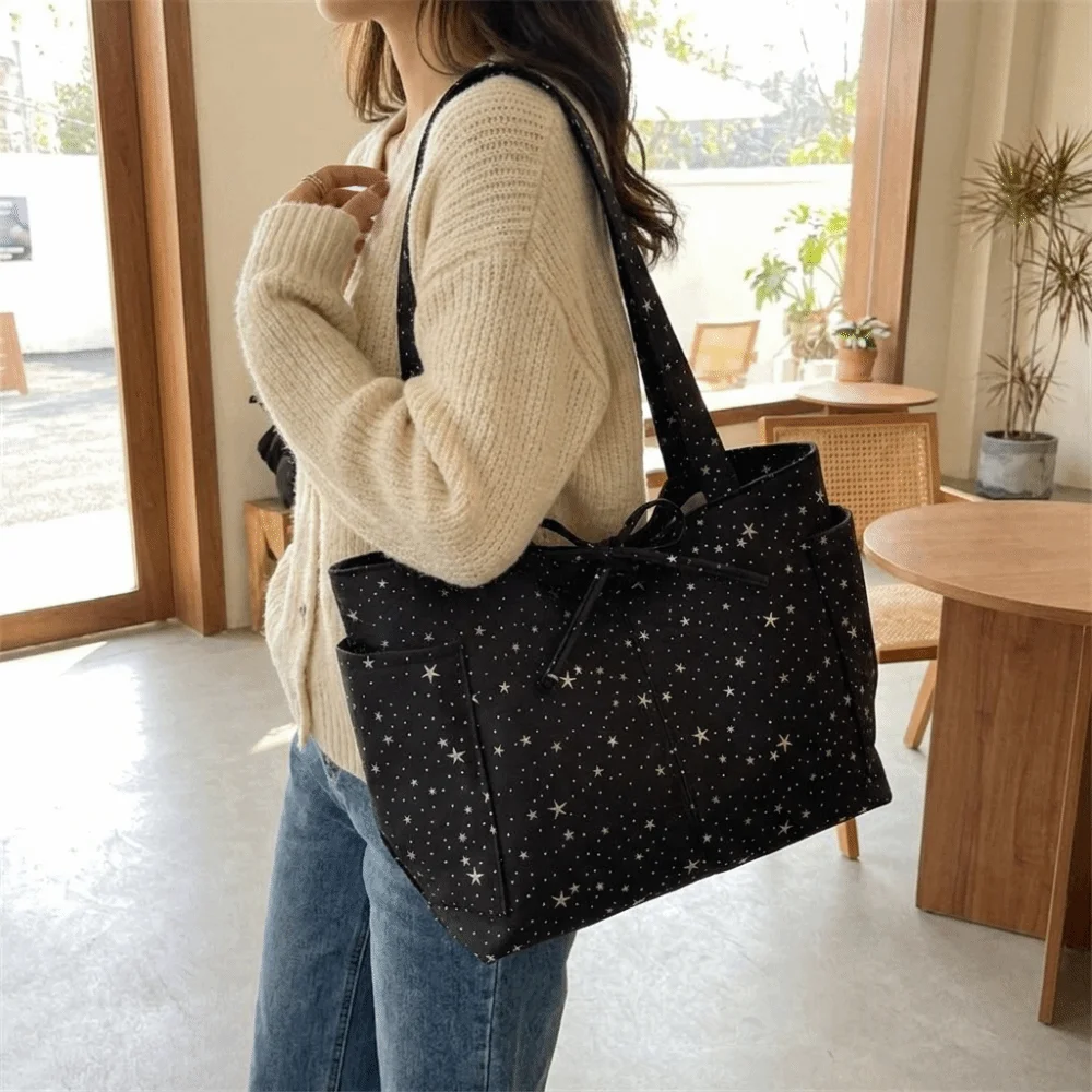 Retro Shiny Star Shoulder Bag Korean Style Canvas Bow Tote Bag Large Capacity Underarm Bag Women Handbag Spicy Girl