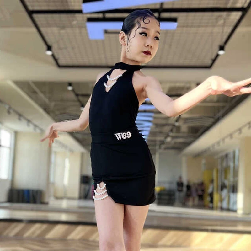 

Summer Latin Dress Girls Black Hater Open Back Dress With Pearl Kids Latin Rumba Performance Wear Dancer Practice Clothes 3739