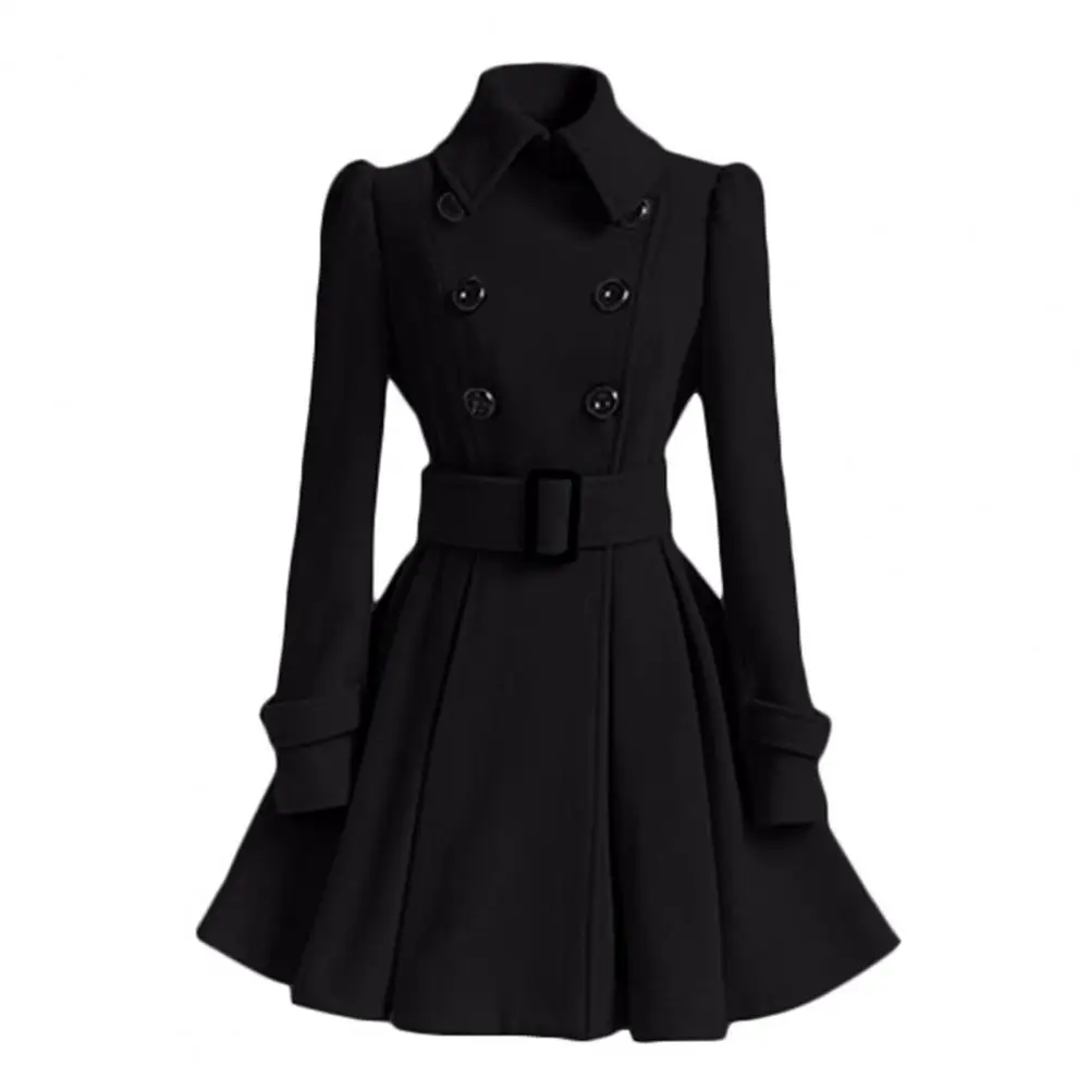 Women Winter Coat Thick Midi Length Solid Color Double-breasted Lapel Keep Warm A-line Loose Hem Tight Waist Lady Dress Jackets