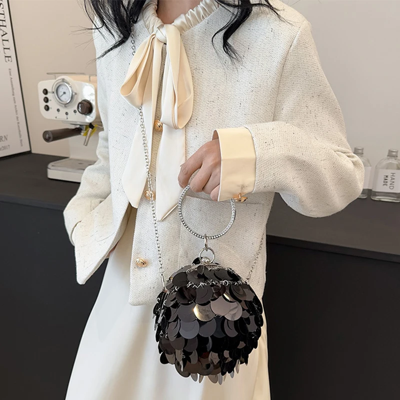 Metal Hollow Round Ball Clutch Handbags for Women Sequins Tassels Evening Purse with Circle Top Handle Wedding Shoulder Bags Box