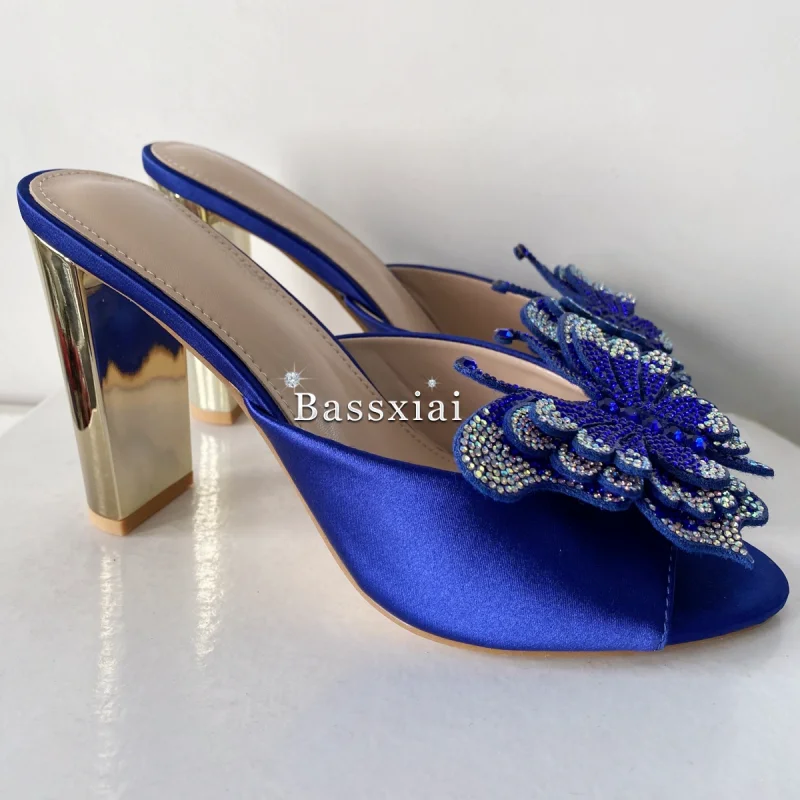 Colorful Rhinestone Flower Decor Women Sandals Women Unique Gold Strange Heel Blue Silk Slingbacks Summer Mules image 6