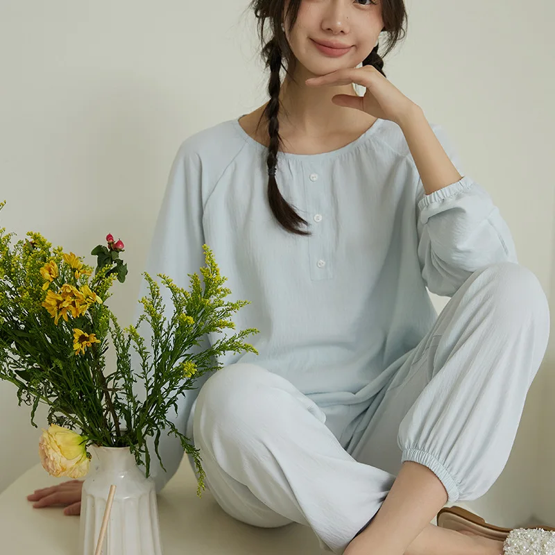 New Home Service Women's Pijamas Spring Autumn Sleepwear Suit Casual Round Neck Long-Sleeved Candy Color Ladies Pajamas Set