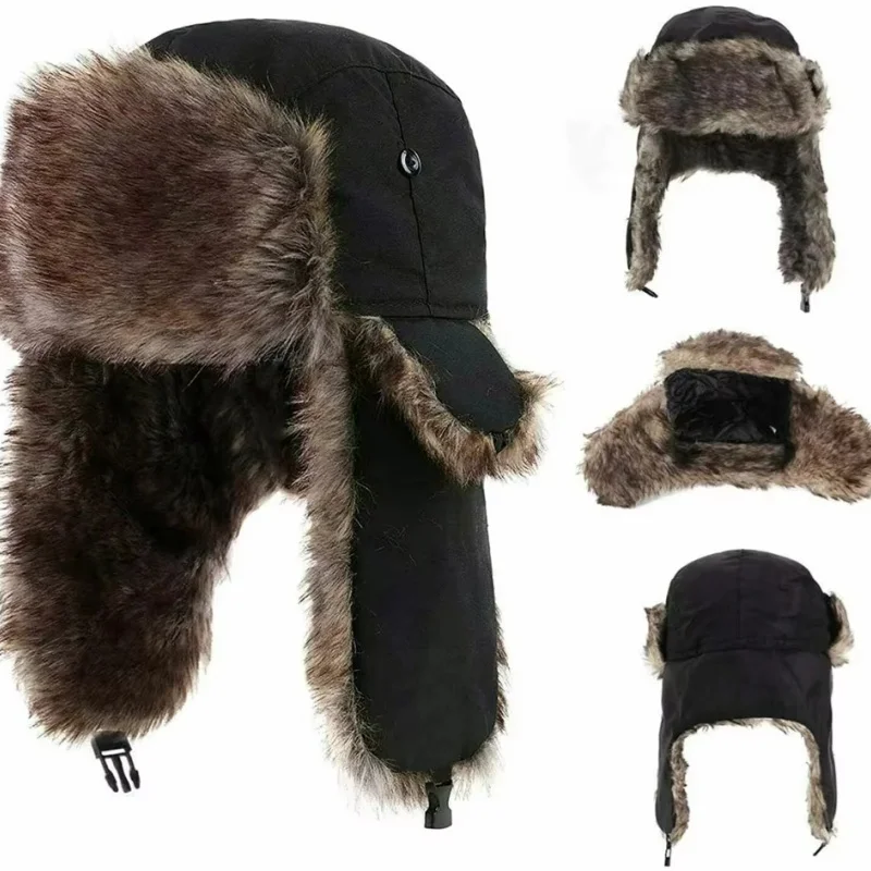 Ski Hat Thermal Hat Ear Protector Hunter Hat Pilot Cavalry Flaps Winter Russian Ski Hat Outdoor Winter Artificial Fur Hat