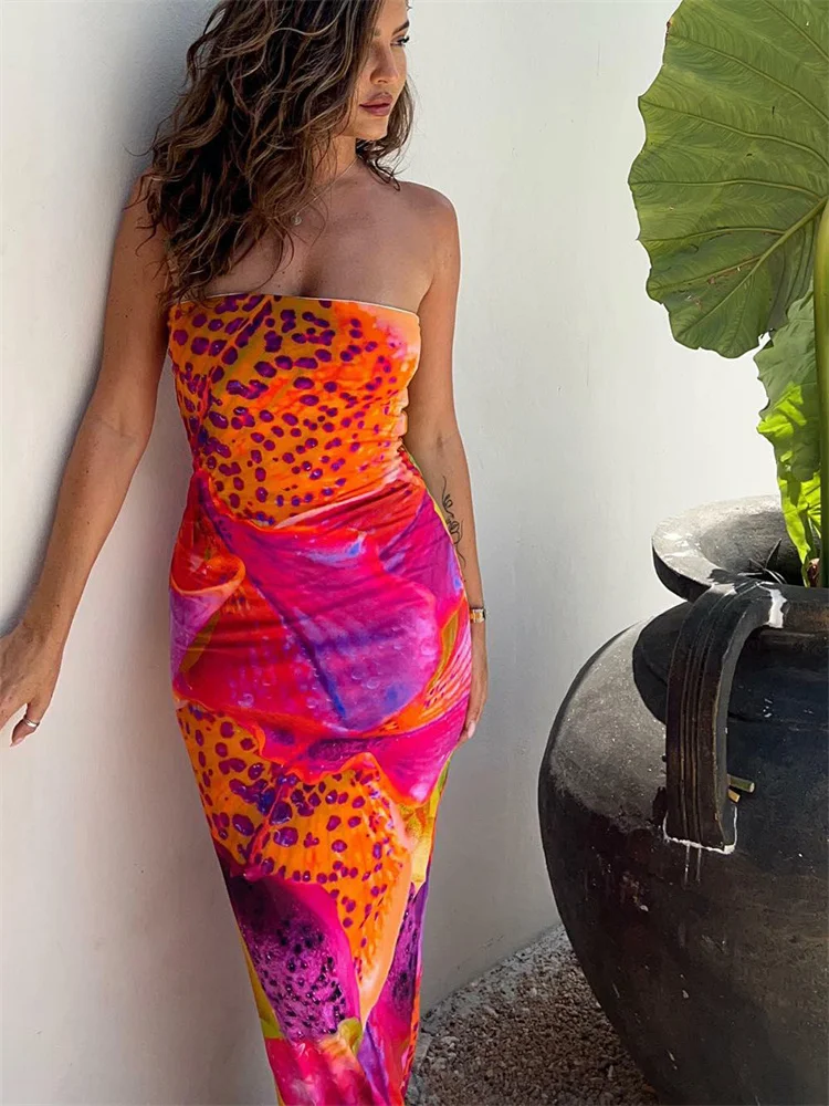 Leopard Floral Print Long Tube Dress for Women 2023 Summer Party Beach Strapless Off Shoulder Slim Dress Vestidos New Fashion