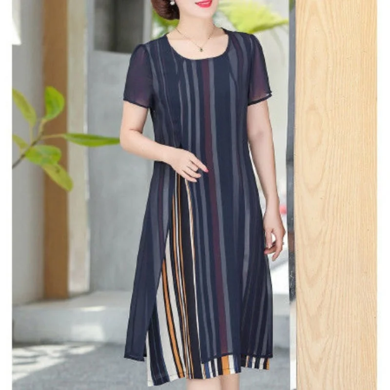 

2024 Summer New Women's Round Neck Fashion Commute Thin Spliced Gauze Striped Fake Two Piece Short Sleeved Midi Straight Dresses