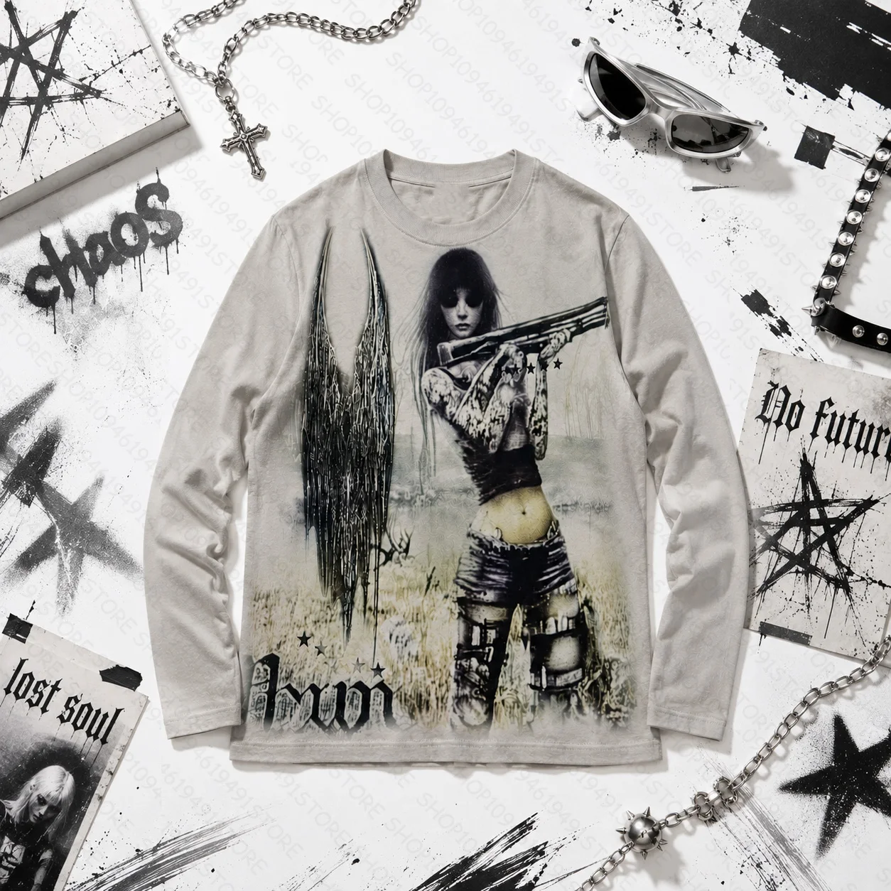 Women's Long-Sleeve Crew Neck Street K-pop Gothic Mood Style Women's Printed Casual T-Shirt