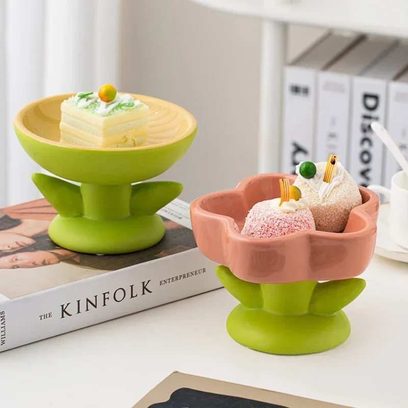 Ceramic Dessert Bowl, Flower Cup, Peach Blossom Container, High Beauty Fruit Plate, Snack Storage, Internet Celebrity