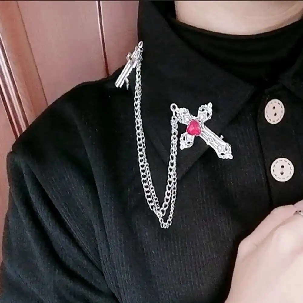 Y2K Fermaglio per capelli con catena a croce in cristallo punk per donna Uomo Camicia gotica Spilla Accessorio per abbigliamento Gioielli Regalo per feste