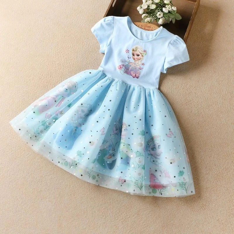 2024 Summer Frozen Kids Girls Dress Cartoon Fashion Children\'s Elsa Princess Girl Toddler Short Sleeve Cute Party Mesh Dresses