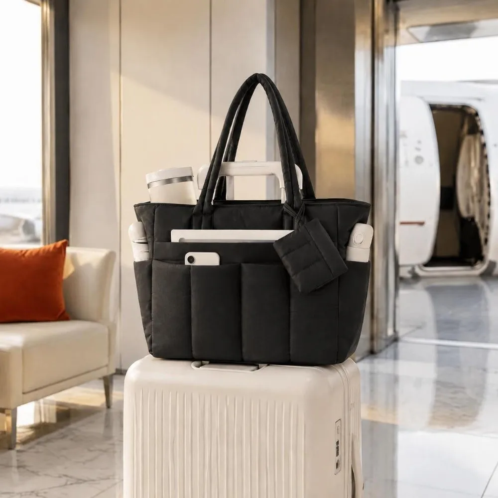 30L Capacity Quilted Tote Bag Laptop Compartment Front Hidden Pocket Laptop Handbag Luggage Sleeve Padded Handles Business Bag