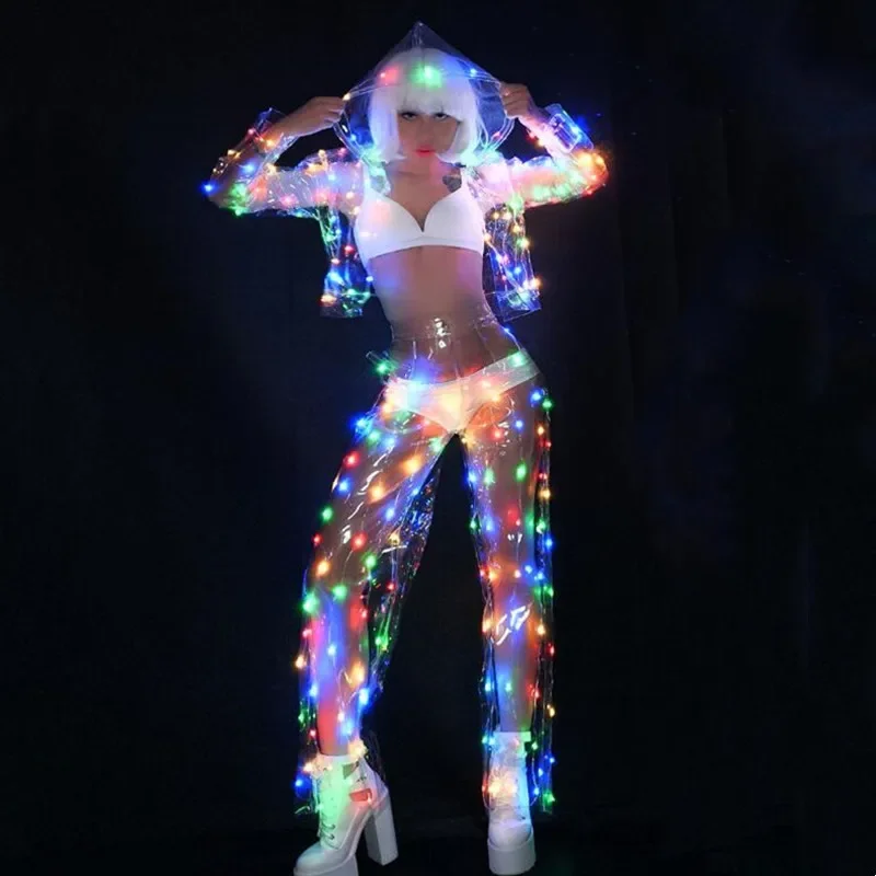 Sexy Transparent LED Electronic Lighting Dance Costume Stage Party Rave Outfit Nightclub Bar Singer Dancer Performance Clothes