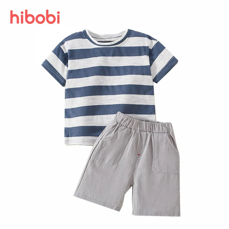 Hibobi Toddler Boy Summer Clothing Set: Stripe Short Sleeve Tops + Shorts Outfit