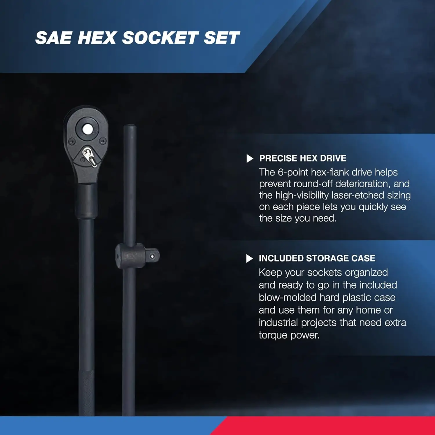 3/4-Inch-Drive Deep Impact Socket Set, SAE Sizes 7/8" To 2", Ratchet Handle & Extension Bars, 22-Piece Set