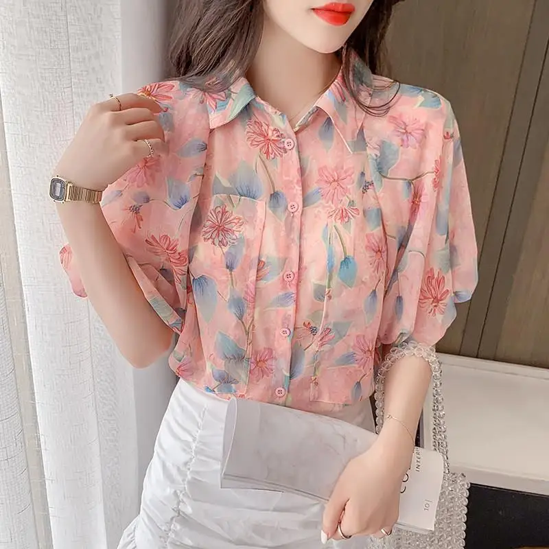 Camisa feminina elegante com gola virada para baixo, manga curta, botões soltos, blusas florais elegantes e doces, roupas de verão, 2023