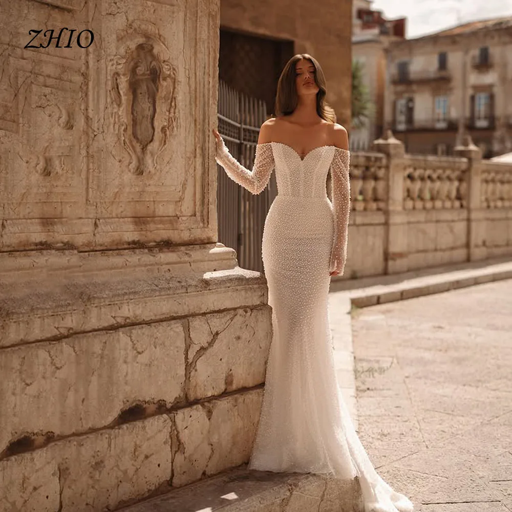 ZHIO-Vestido de novia de lujo con cuello en V, encaje con cuentas, mangas largas, drapeado, cola de barrido, sirena, trompeta, Vestido de novia personalizado