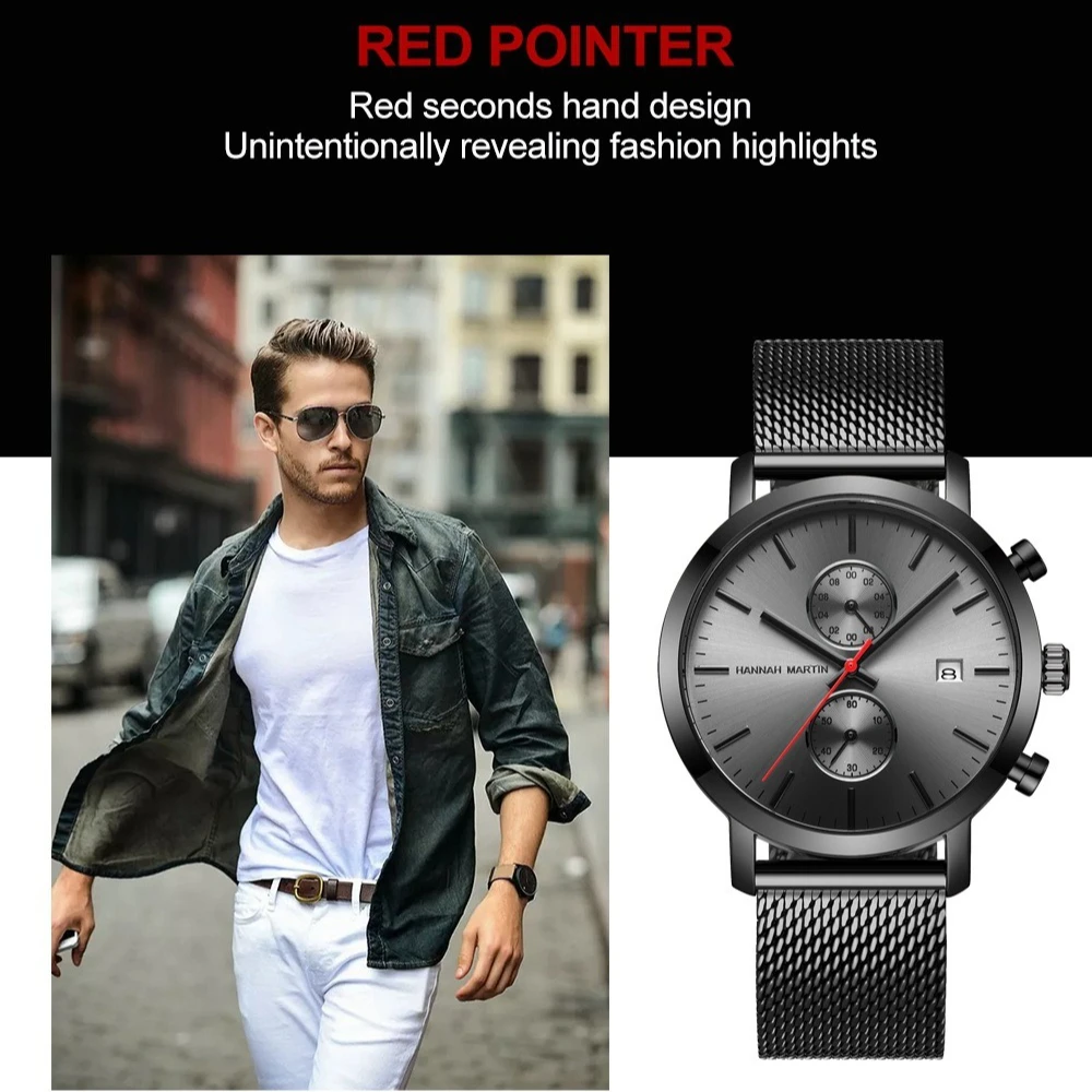 

HANNAH MARTIN 1092 Luxury Mens Watch Multi Functional Calendar Chronograph Quartz Watch Business Watches for Men Reloj Hombre