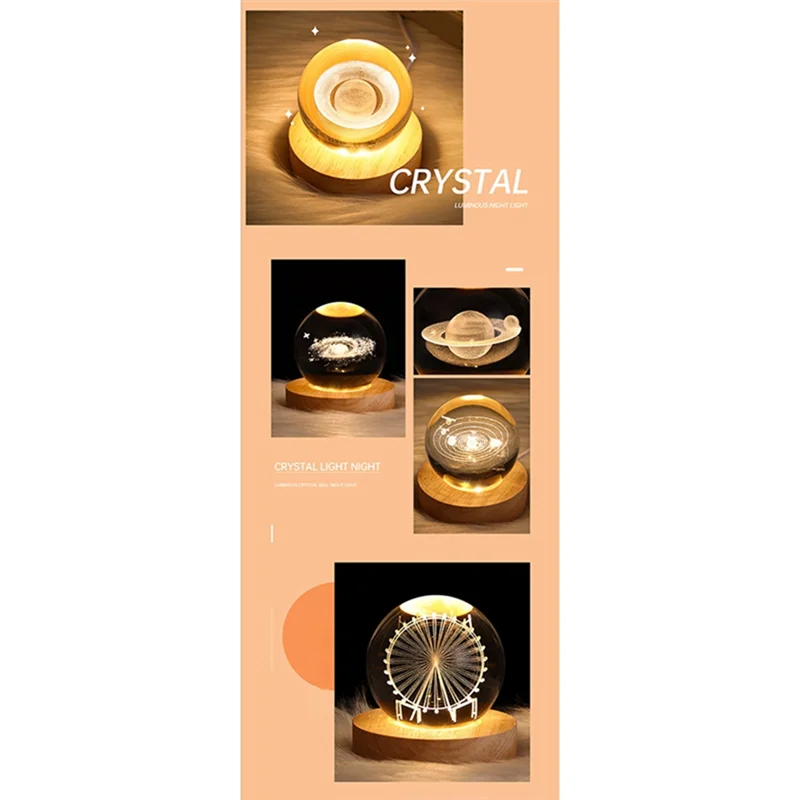 HOT-Crystal Ball Night Light With Base LED Table Lamp Lighted Stars Galaxy USB Power Warm Night Light For Kid
