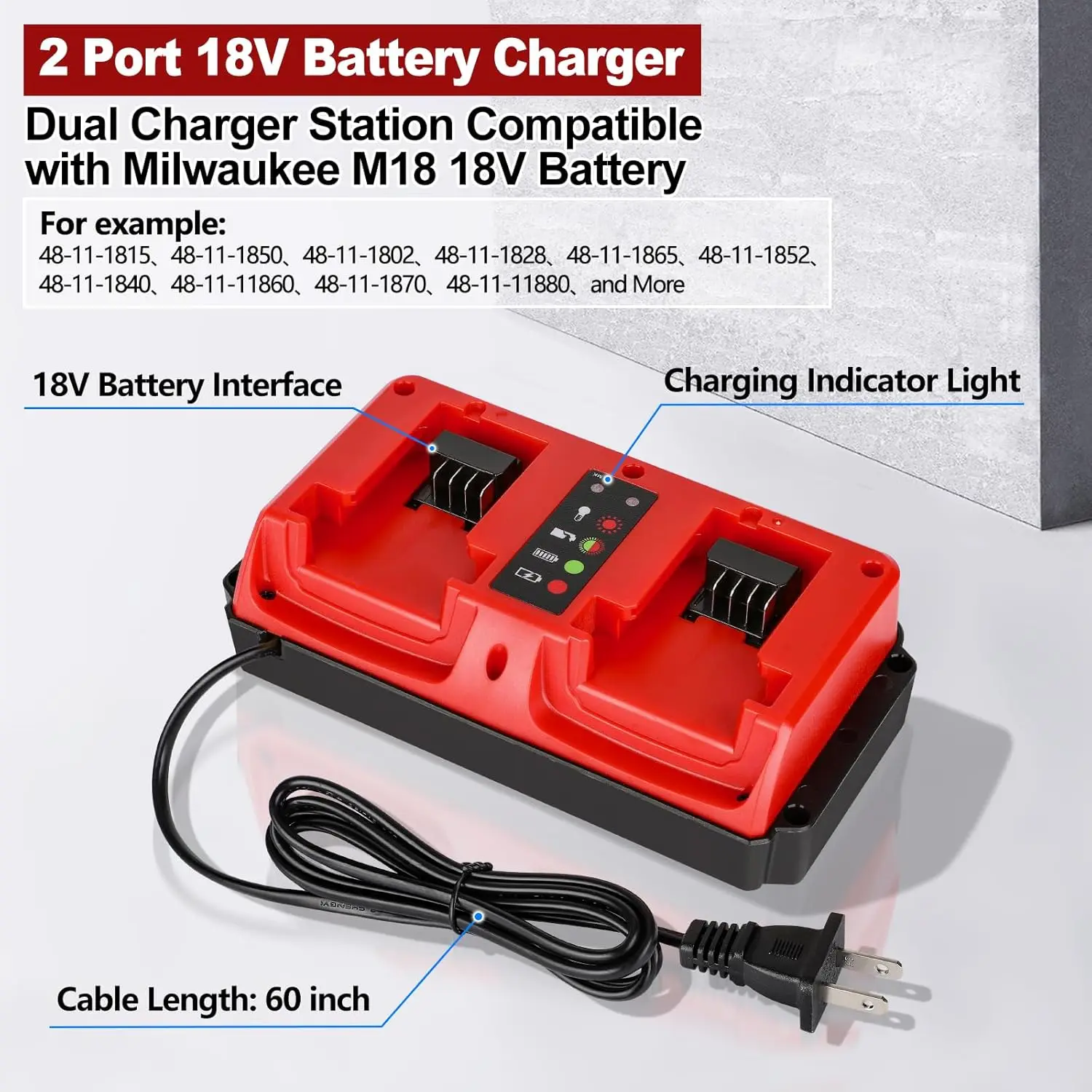 18V Dual Port Mini Multi-Voltage Charger – Fast Charging Compatible for Milwaukee 18V Batteries, Input 100-240V Wide Voltage