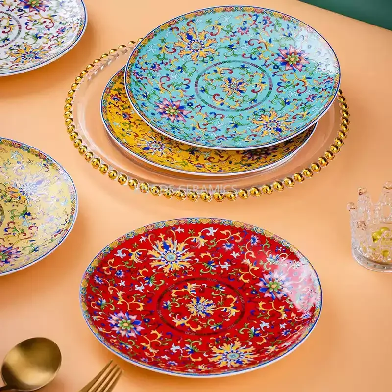 1pc Household Ceramic Dish, Enamel Color Steak Plate, Jingdezhen Dumpling Plate, Stir Fry Dish, Kitchen Ceramics Tableware
