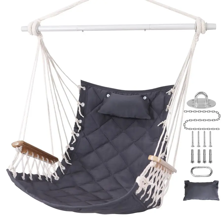 

Hammock Chair Hanging Swing with Wooden ArmrestsSteel Spreader Bar,Pillows,Hardware kit IncludedCotton Woven FabricUp to 350 Lb