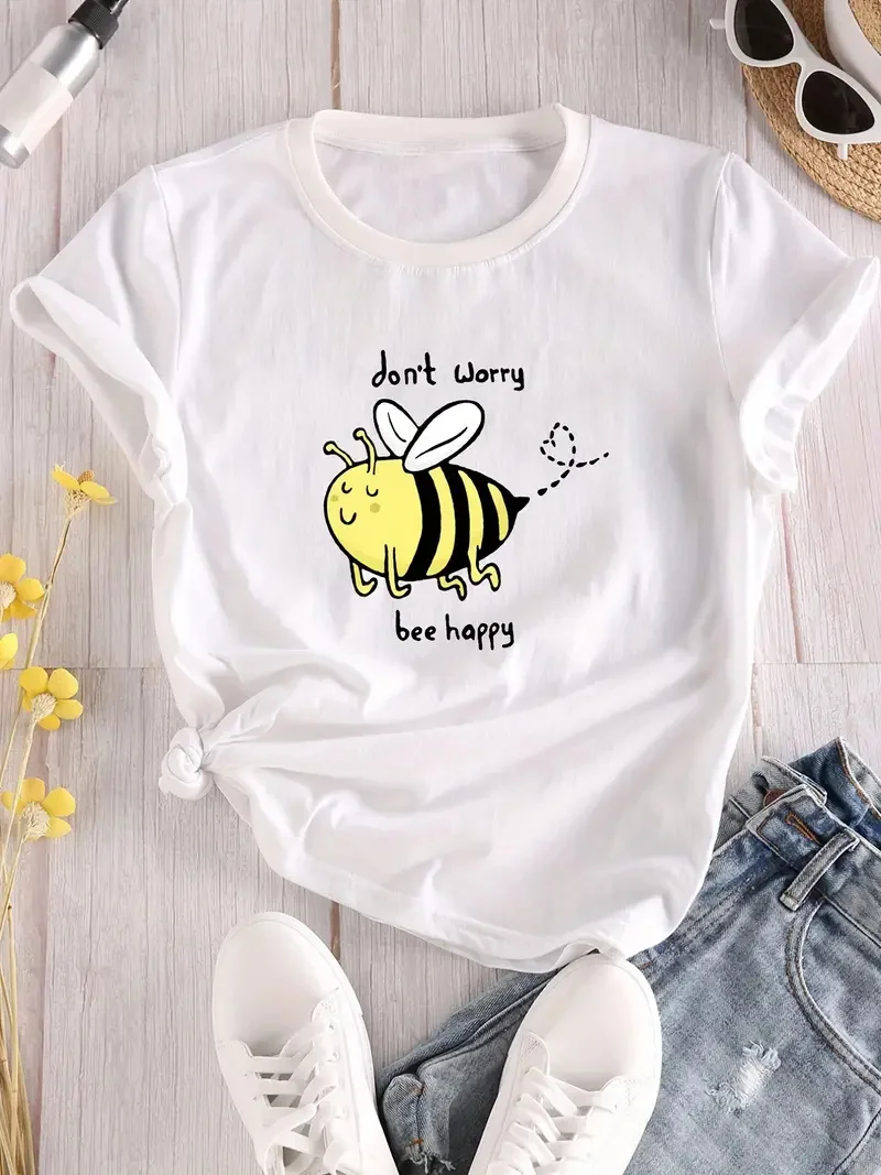 Cartoon Bee Print Crew Neck T-Shirt, Casual Short Sleeve T-Shirt For Spring & Summer, Women\'s Clothing