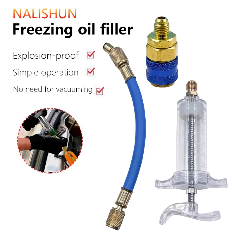 

Auto Oil Dye Injector 30ML A/C Dye Manual Injector 1/4 SAE Oil Dye Coupler Adapter for Car Vehicle Home Air Conditioner