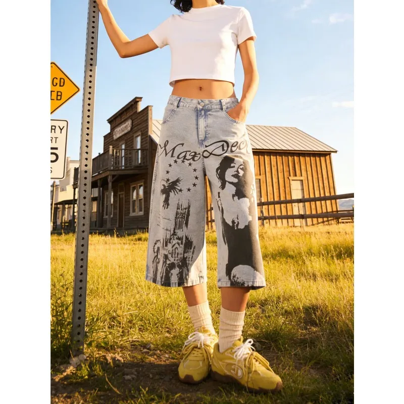 Women's Fashionable Printed Patterns Denim Shorts Wide Leg Calf-length Trousers Girl Summer Pants Female High Waist Capris Jeans